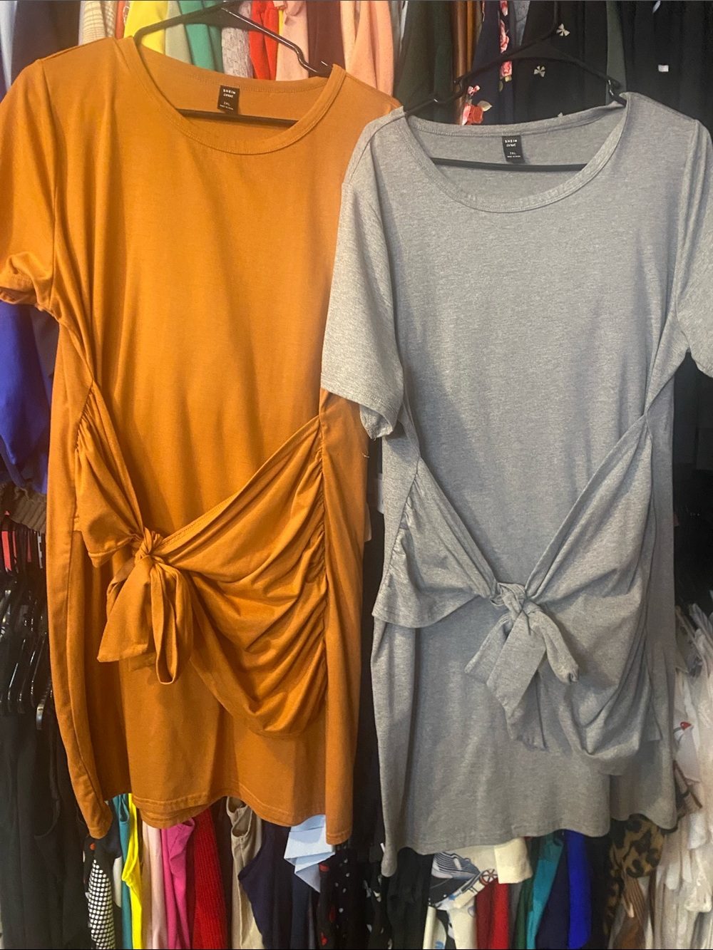 Two Soft Tie-Front Tee Dresses- Gray and Rust
